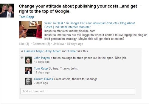 Tom Repp on Linkedin Group-Digital Marketing for Engineers